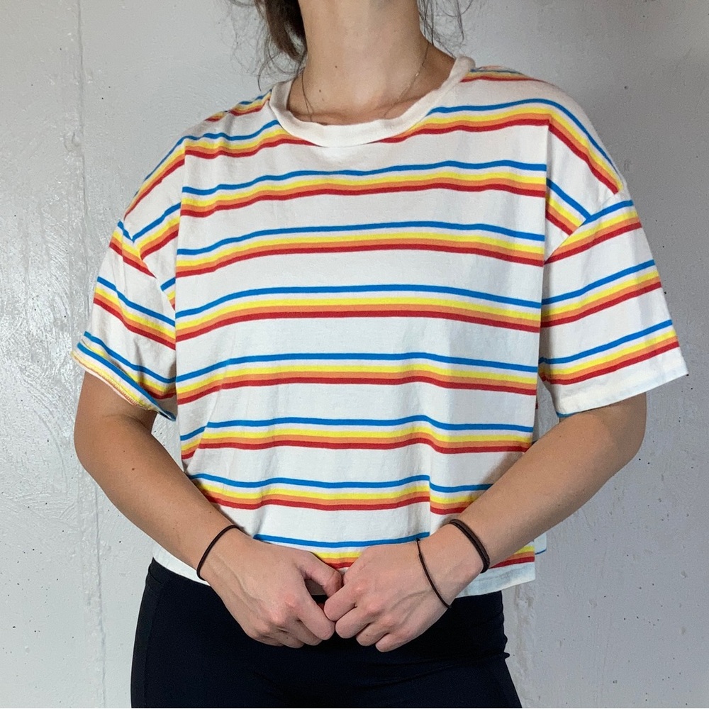 Rainbow Striped Cropped Short Sleeve Tee Shirt - Picture 4 of 7